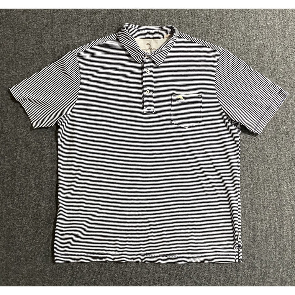 Tommy Bahama Polo Shirt Men Blue Striped Short Sleeve Cotton Golf Relax Size L